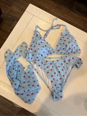 3 pc Light Blue Floral Bikini Set with Matching Cover sz 3XL
